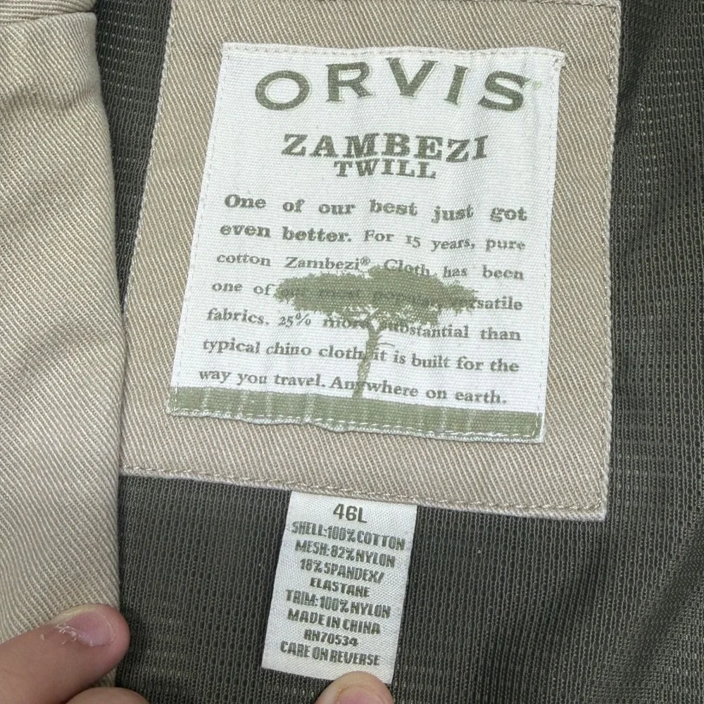 VTG Orvis Zambezi Twill Safari Field Jacket Mens 46L Tan Leather Elbow Patches
